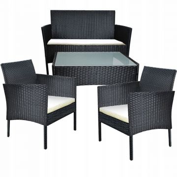 Set mobilier gradina, 4 piese, masuta, fotolii, canapea, model ratan, negru