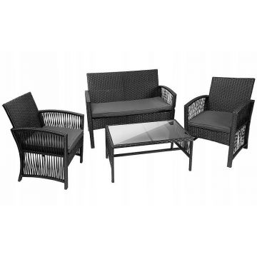 Set mobilier gradina, model ratan, canapea, 2 fotolii, masa de cafea, negru