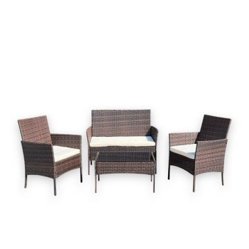Set mobilier gradina, structura metalica, 4 piese, fotolii, canapea, masuta, model ratan, maro