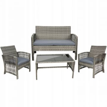 Set mobilier terasa, canapea, 2 fotolii, masa de cafea, model ratan gri