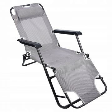 Sezlong pliabil, cadru metalic, reglabil in 3 pozitii pana la complet orizontal, cu tetiera, 153x60 cm, gri