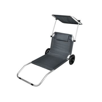 Sezlong pliabil cu paravan protectie solara, 2 roti, tetiera, 115x62cm, gri