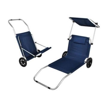 Sezlong pliabil cu umbrela, portabil pe roti, cadru aluminiu, tetiera, 115x62cm, albastru