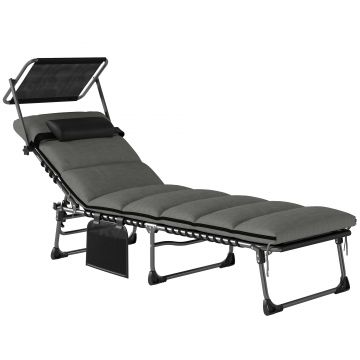 Outsunny Șezlong 5 poziții reglabil, cu copertină, pernă, suport pentru cap și buzunar lateral, 190x57x30cm, Gri închis | Aosom Romania
