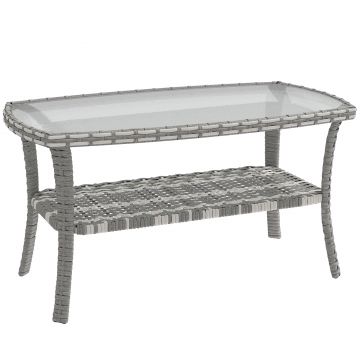 Outsunny Masă de grădină exterioară dreptunghiulară din ratan cu raft blat din sticlă securizată cu model ondulat 90x50x45 cm Gri închis | Aosom Romania