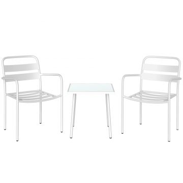 Outsunny Set Bistrò 3 Piese din Oțel Galvanizat, Set de Grădină cu 2 Scaune și Masă din Sticlă Temperată, Mobilier Exterior pentru Terasă, Balcon, Alb | Aosom Romania