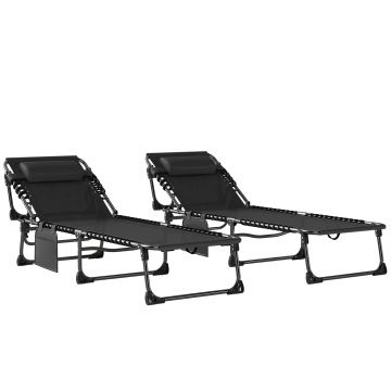 Outsunny Set de 2 Șezlonguri de Grădină Pliabile, Reglabile pe 5 Niveluri, cu Perne, Șezlonguri Textilenă cu Buzunar Lateral, Mâner, pentru Plajă, Piscină, 57x200x38 cm, Negru | Aosom Romania