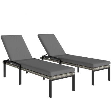 Outsunny Set de 2 șezlonguri Polyrattan, șezlong de grădină cu spătar reglabil în 5 poziții, pernă, până la 120 kg, Gri deschis | Aosom Romania