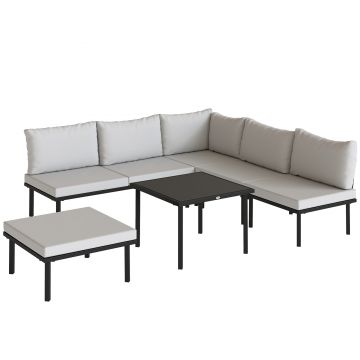 Outsunny Set mobilă de grădină din metal pentru 6 persoane, canapea colțar cu perne, Gri Deschis | Aosom Romania