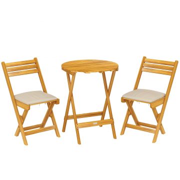 Outsunny Set mobilier balcon 3 piese lemn FSC pliabil set mobilier grădină cu masă rotundă 2 scaune perne șezut respirabile șezut lamelar | Aosom Romania