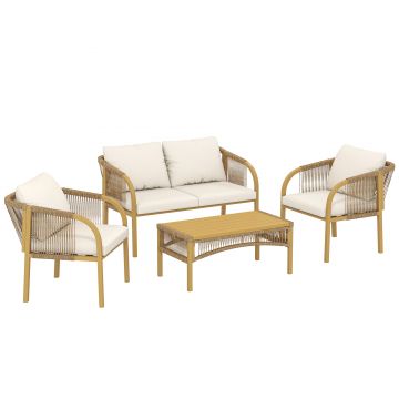 Outsunny Set mobilier de grădină exterior 4 piese cu canapea 2 fotolii masă perne, oțel rășină împletită, 120x72x73cm, Kaki | Aosom Romania