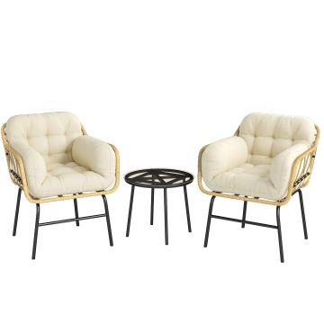 Outsunny Set mobilier exterior 3 piese din rășină împletită, masă din sticlă securizată, 2 fotolii cu perne, 62x73x79cm, Kaki | Aosom Romania