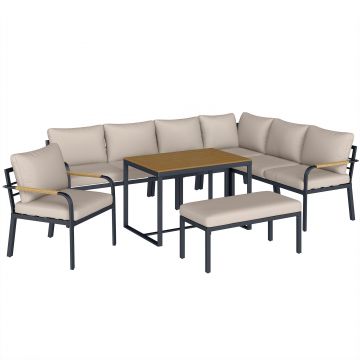 Outsunny Set mobilier grădină 7 piese Colțar modular exterior cu masă WPC și pouf bej și gri | Aosom Romania