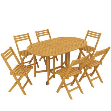 Outsunny Set mobilier grădină FSC din lemn, 7 piese, masă extensibilă cu 6 scaune pliante, orificiu pentru umbrelă, design lamele | Aosom Romania