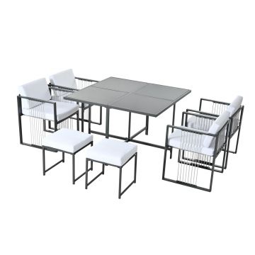 Set de grădină 7 piese pentru 6 persoane, masă din sticlă securizată, 4 scaune împletite și 2 taburete pentru picioare, Negru+Alb