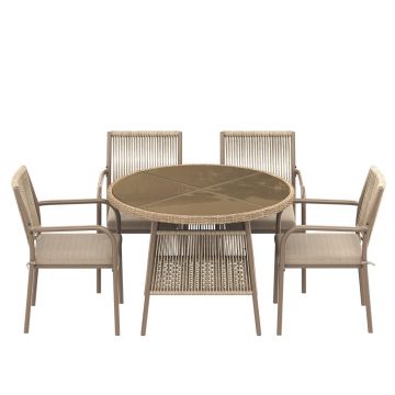Set mobilier de grădină modern, 5 piese, masă rotundă cu blat din sticlă securizată, 4 scaune cu brațe cu spătar din sfoară, Maro