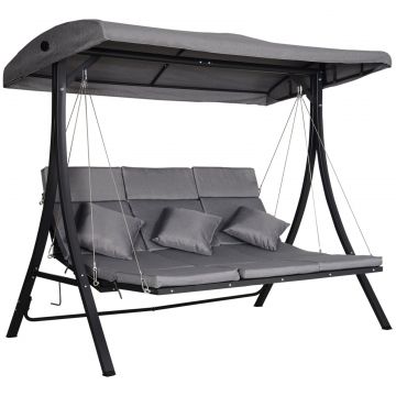Balansoar cu 3 Scaune din Material Textil cu Perne si Acoperis Reglabil, Gri, 200x115x168 cm