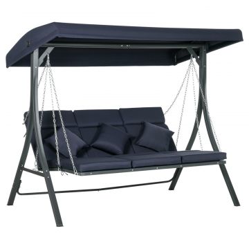 Balansoar de Gradina cu 3 Locuri, Copertina Reglabila si 3 Perne, 198x118x168 cm, Albastru