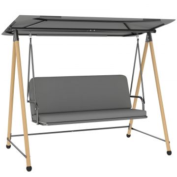 Balansoar de Gradina cu 3 Locuri, cu Copertina Reglabila Impermeabila si Perna Detasabila, Capacitate Maxima 360 kg, 208 x 125 x 180 cm, Gri