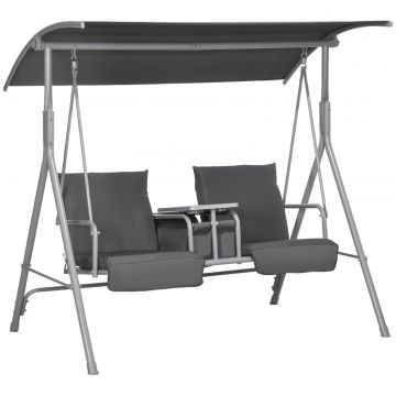 Balansoar Exterior cu Masuta de Cafea si Suport Central pentru Pahare, Leagan cu 2 Locuri si Acoperis, 175x112x158 cm, Gri