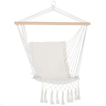 Balansoar Suspendat din tesatura cu Ciucuri si Bara din Lemn de Plop, 90x50 cm, Crem
