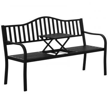 Banca de Gradina cu 2-3 Locuri din Metal, Banca de Exterior cu Masuta Extensibila, Spatar cu sipci si Cotiere, pentru Balcon, Terasa si Curte,
