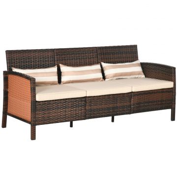 Canapea de exterior cu 3 locuri, din ratan PE, cu perne confortabile si detasabile, 173x68x78 cm, maro