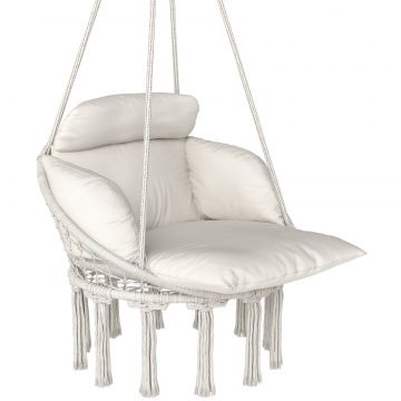 Fotoliu Suspendat de Exterior in Stil Boho cu Franjuri, Perna, Corzi si Inele, 80x60x40 cm, Crem