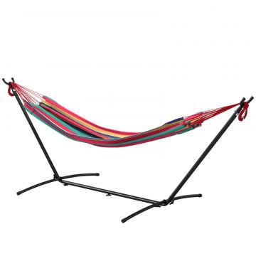 Hamac cu Suport 310x117cm pentru Camping cu inaltime Reglabila si Geanta de Transport, Capacitate 120 kg, Dungi Portocaliu si Rosu