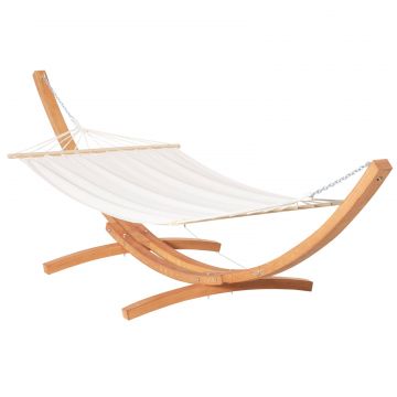 Hamac cu Suport din Lemn si Bumbac, Hamac de Gradina pentru alte Spatii Exterioare, 392x120x102cm, Alb