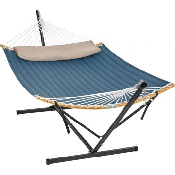 Hamac cu suport metalic, cu suprafata captusita, reglabil, include perna, 200 kg, 300x120x110 cm, albastru