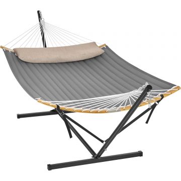 Hamac cu suport metalic, cu suprafata captusita, reglabil, include perna, 200 kg, 300x120x110 cm, gri