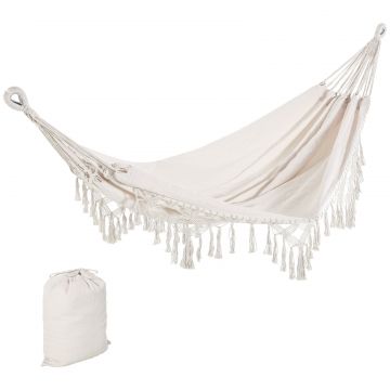Hamac de Gradina Suspendat din Panza cu Franjuri si Geanta de Transport, 288x150 cm, Crem