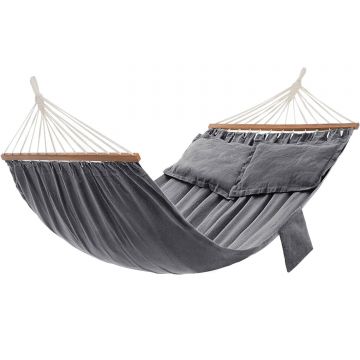Hamac dublu cu bara lemn stabilizatoare, 2 perne incluse, bumbac si poliester 380g m2, max 300 kg, 210x150 cm, gri