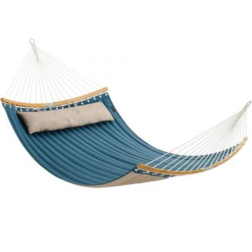 Hamac dublu cu bare curbate din bambus, perna inclusa, maxim 225 kg, 200x140 cm, albastru