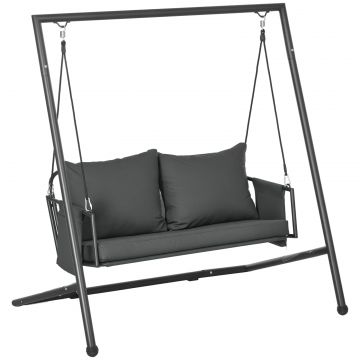 Leagan de Gradina cu 2 Locuri, Perne si Buzunare, Balansoar Exterior din Otel si Textile, 168x117x181 cm, Gri inchis