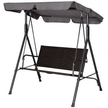 Leagan de Gradina cu 2 Locuri si Acoperis Reglabil, 140x110x151 cm, Maro si Gri