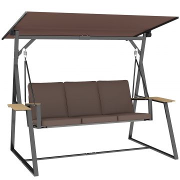 Leagan de gradina cu 3 locuri, cu copertina reglabila, cadru metalic, suporturi pentru pahare, perne moi, greutate suportata 360 kg, pentru terasa sau