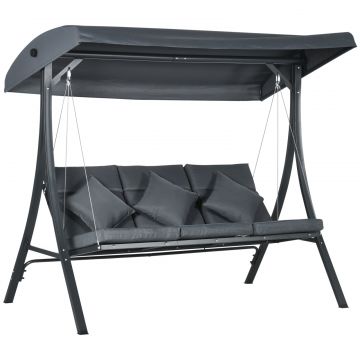 Leagan de gradina pentru 3 persoane cu acoperis reglabil, din otel si poliester, 202x115x168 cm, gri inchis