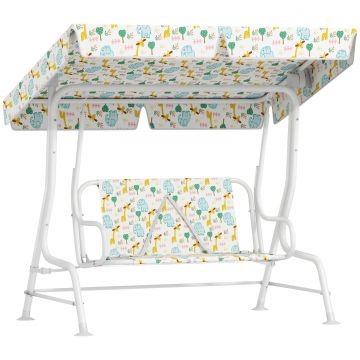 Leagan pentru Copii de Exterior cu 2 Locuri, Acoperis Reglabil si Centuri de Siguranta, 112x75x120 cm, Alb
