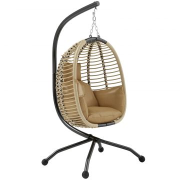 Leagan pentru Exterior cu Perna Capitonata, Scaun Suspendat pentru Terasa cu Suport Metalic, Cos Pliabil, 110x100x188 cm, Gri