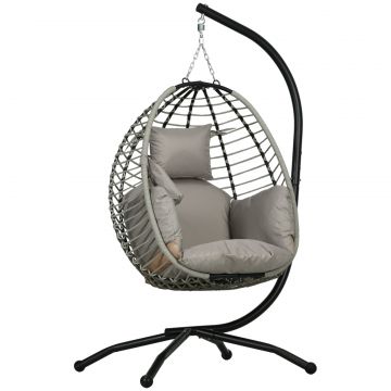 Leagan pentru Exterior cu Perna Capitonata, Scaun Suspendat pentru Terasa cu Suport Metalic, Cos Pliabil, 110x100x188 cm, Gri