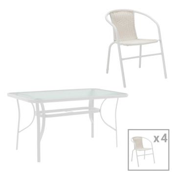 Masa de dining cu scaune set 5 piese Obbi-Ensure, metal-Sticla, 120x70x70 cm, Alb