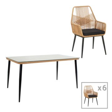 Masa de dining Naoki-Tanish set de 7 piese metal negru-pe sticla Natural 160x90x78 cm