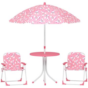 Masa de Picnic pentru Copii, Set Masa si Scaune cu 2 Scaune Pliabile si Umbrela Detasabila, Tema Jungla, Mobilier de Exterior pentru Gradina, Patio,