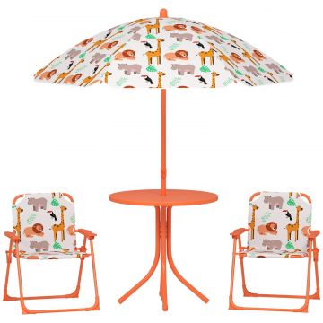 Masa de Picnic pentru Copii, Set Masa si Scaune cu 2 Scaune Pliabile si Umbrela Detasabila, Tematica Jungla, Mobilier de Exterior pentru Gradina,