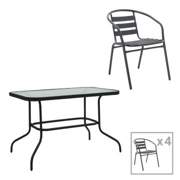 Masă de sufragerie cu funcție de dining Valor-Tade, Set 5 piese, Metal negru-Glas, 110x60x70 cm