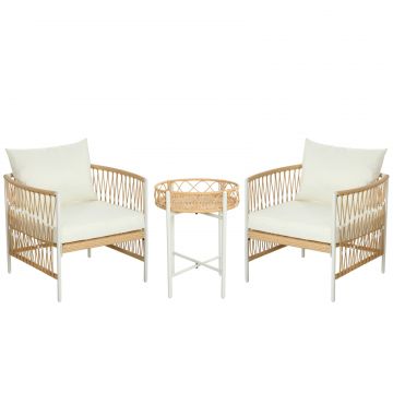 Mobilier din 3 Piese pentru Terasa, Set din 2 Canapele si o Masuta de Cafea pentru Exterior din Ratan, 72x66x64 cm, Crem