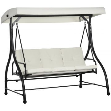Outusunny Leagan cu 3 Locuri de Gradina, Balansoar pentru Exterior cu Acoperis Reglabil, din Otel si Poliester, 195x117x175 cm, Crem
