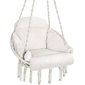 Scaun rotund tip leagan suspendat cu perna, stil boho ciucuri, franghie impletita, max 120 kg, L60 cm, bej